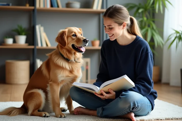 Jeune femme souriante avec chien golden retriever à la maison