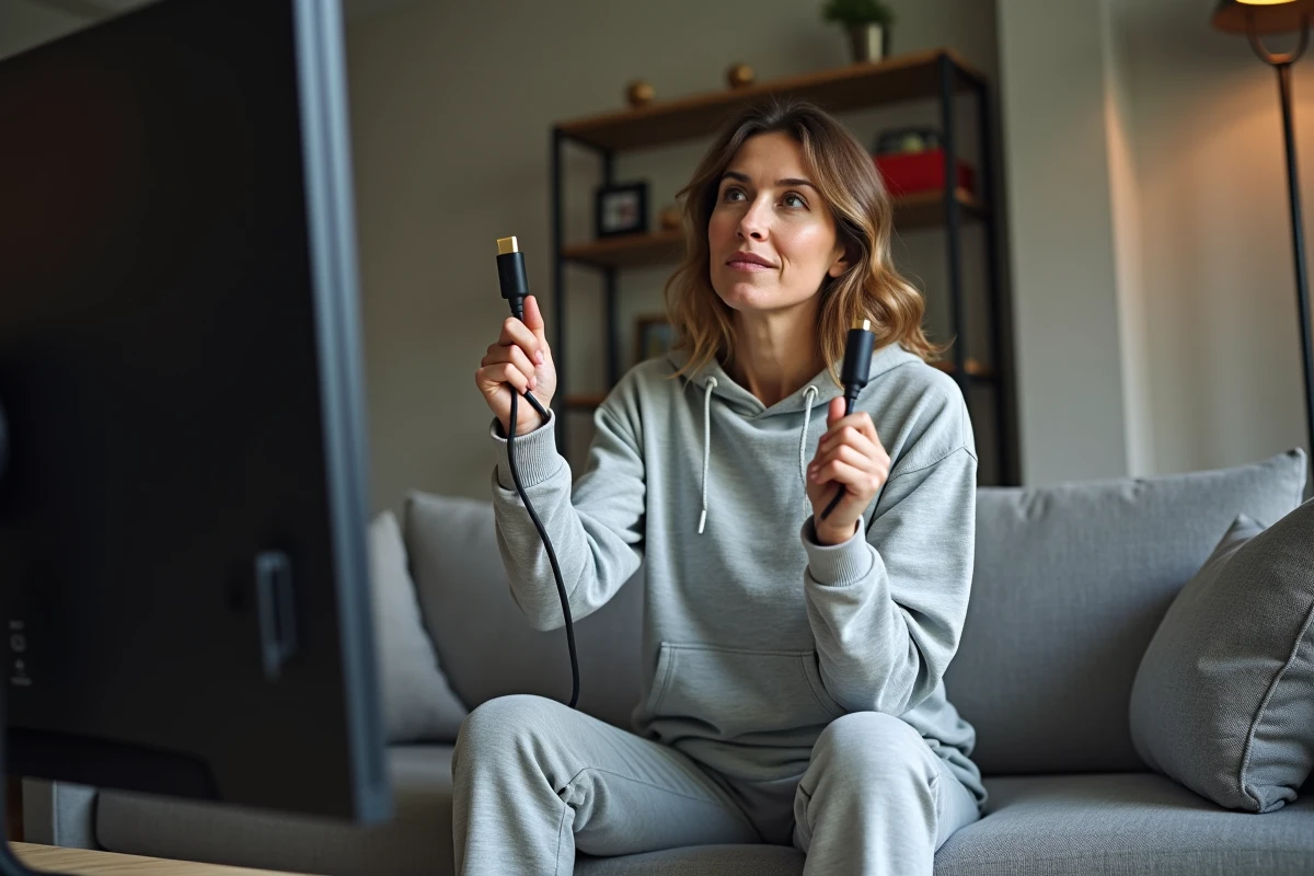 Femme examinant deux câbles HDMI dans un salon contemporain