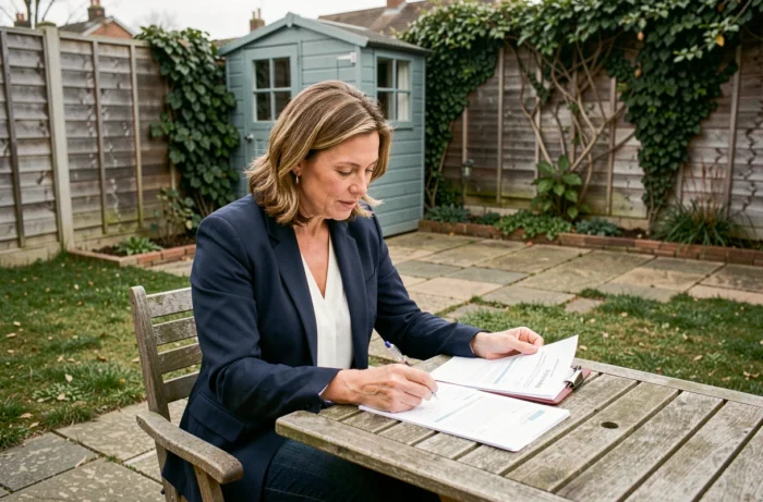 Femme consultant des documents administratifs dans un jardin avec un abri de jardin métallique en arrière-plan, évoquant les démarches de déclaration en mairie
