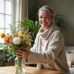 Femme arrangeant des fleurs dans un vase dans une salle lumineuse