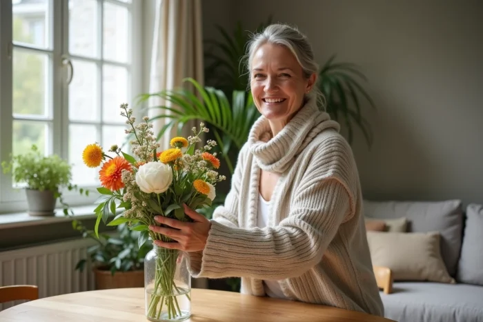 Femme arrangeant des fleurs dans un vase dans une salle lumineuse