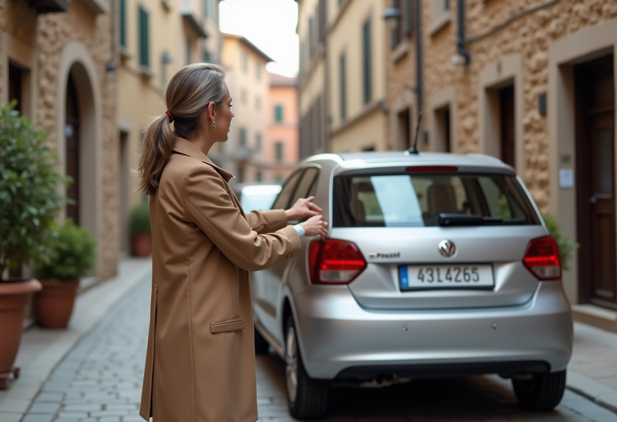 Femme italienne ajustant une plaque P sur sa voiture