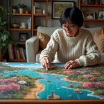 Femme d'âge moyen assemble un puzzle coloré dans un salon chaleureux