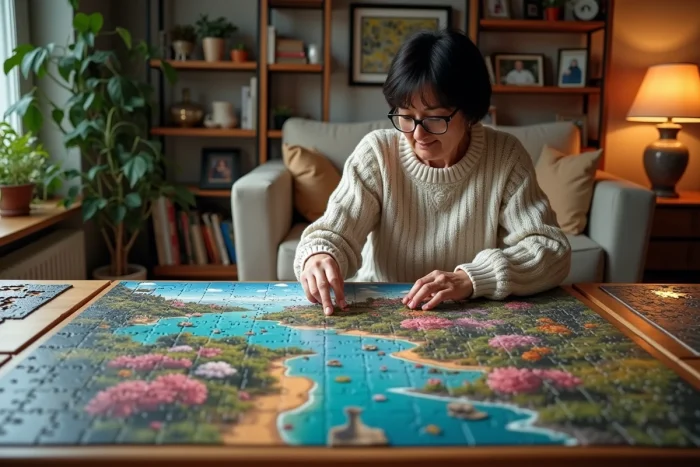 Femme d'âge moyen assemble un puzzle coloré dans un salon chaleureux