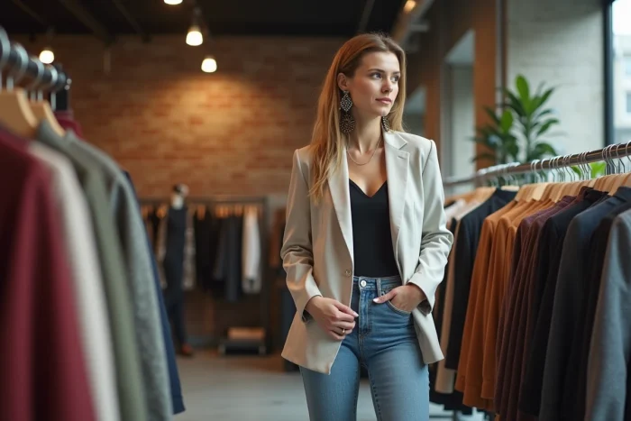 Femme élégante dans une boutique urbaine mode