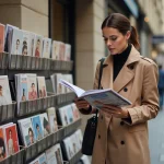 Femme élégante en trench coat beige feuilletant des magazines de mode à un kiosque parisien