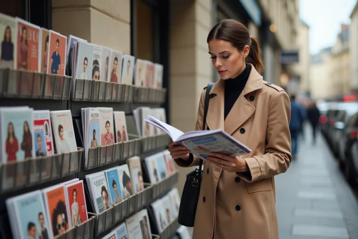 Femme élégante en trench coat beige feuilletant des magazines de mode à un kiosque parisien