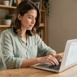 Femme naviguant sur la carte du site d'un blog nature depuis son bureau en bois à domicile