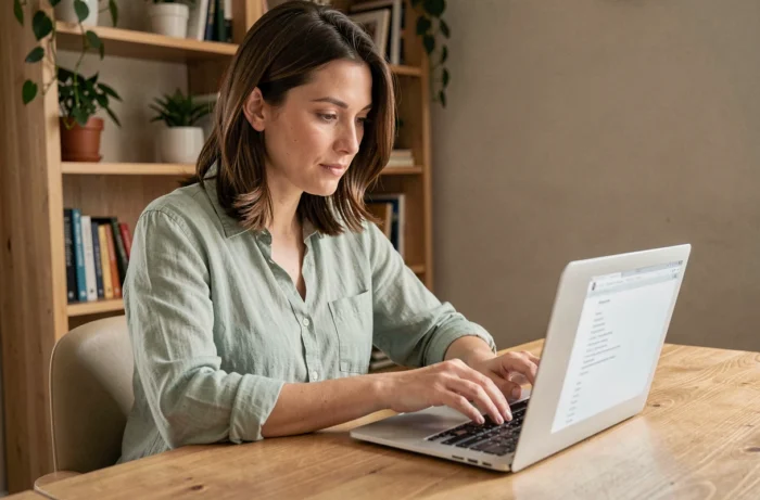 Femme naviguant sur la carte du site d'un blog nature depuis son bureau en bois à domicile