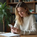 Femme utilisant son smartphone dans un bureau à domicile