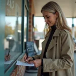 Femme écrivant un chèque à la station essence en extérieur