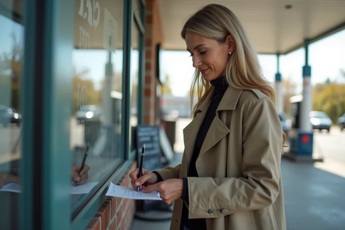 Femme écrivant un chèque à la station essence en extérieur