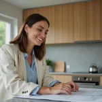 Femme concentrée examinant plans architecturaux dans la cuisine