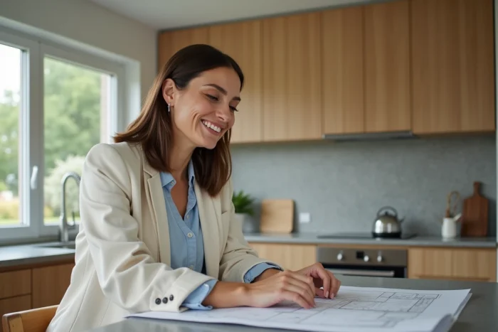 Femme concentrée examinant plans architecturaux dans la cuisine