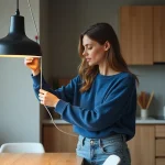 Femme ajustant une lampe suspendue dans sa cuisine moderne