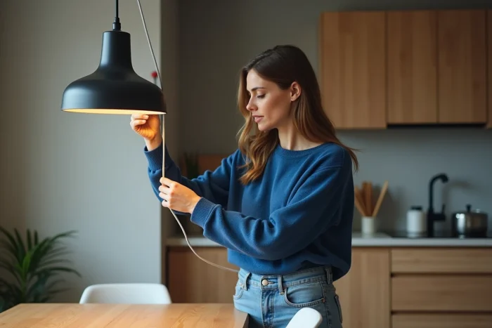 Femme ajustant une lampe suspendue dans sa cuisine moderne