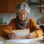 Femme d'âge moyen resealant une enveloppe dans la cuisine