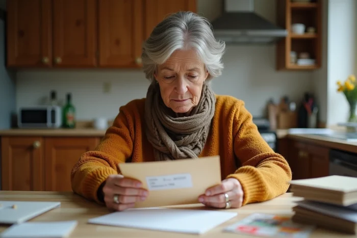Femme d'âge moyen resealant une enveloppe dans la cuisine