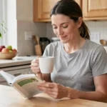 Femme lisant un journal de santé dans sa cuisine, tenant une tasse de café, dans une atmosphère calme et quotidienne propice au bien-être