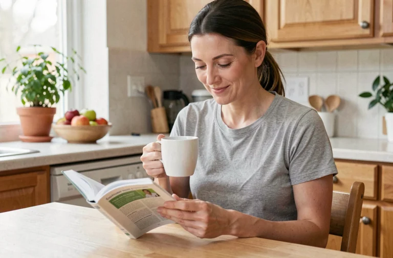 Femme lisant un journal de santé dans sa cuisine, tenant une tasse de café, dans une atmosphère calme et quotidienne propice au bien-être