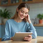 Femme souriante utilisant une application santé sur tablette
