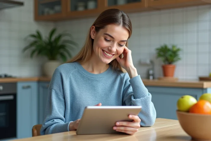 Femme souriante utilisant une application santé sur tablette