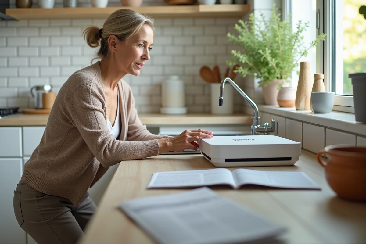 Femme vérifiant la box internet dans la cuisine lumineuse