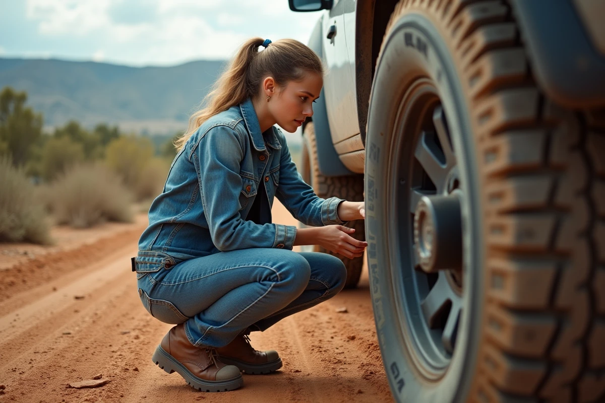 Jeune femme vérifiant un pneu de SUV en milieu naturel