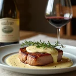 Filet mignon de porc au roquefort servi avec un verre de vin rouge sur une table rustique en bois dans une cuisine de ferme française