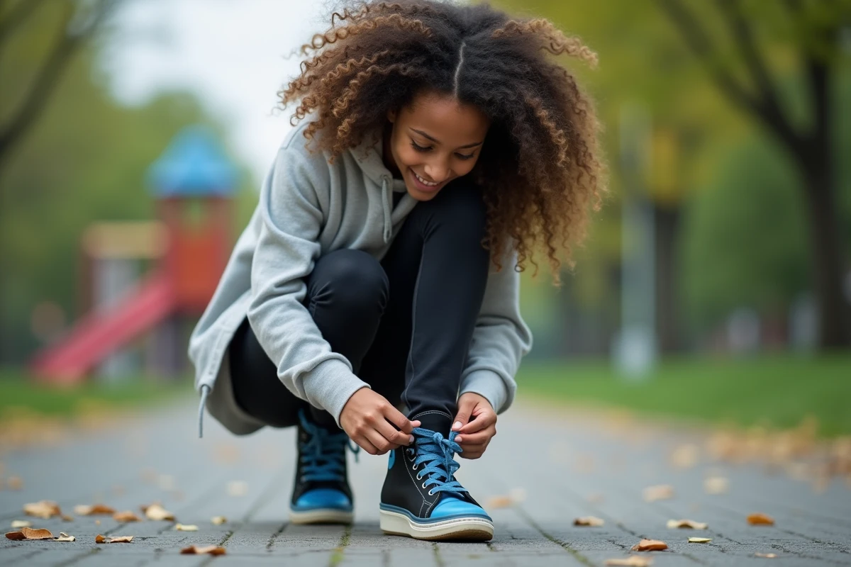 Fille en streetwear nouant ses sneakers dans un parc urbain
