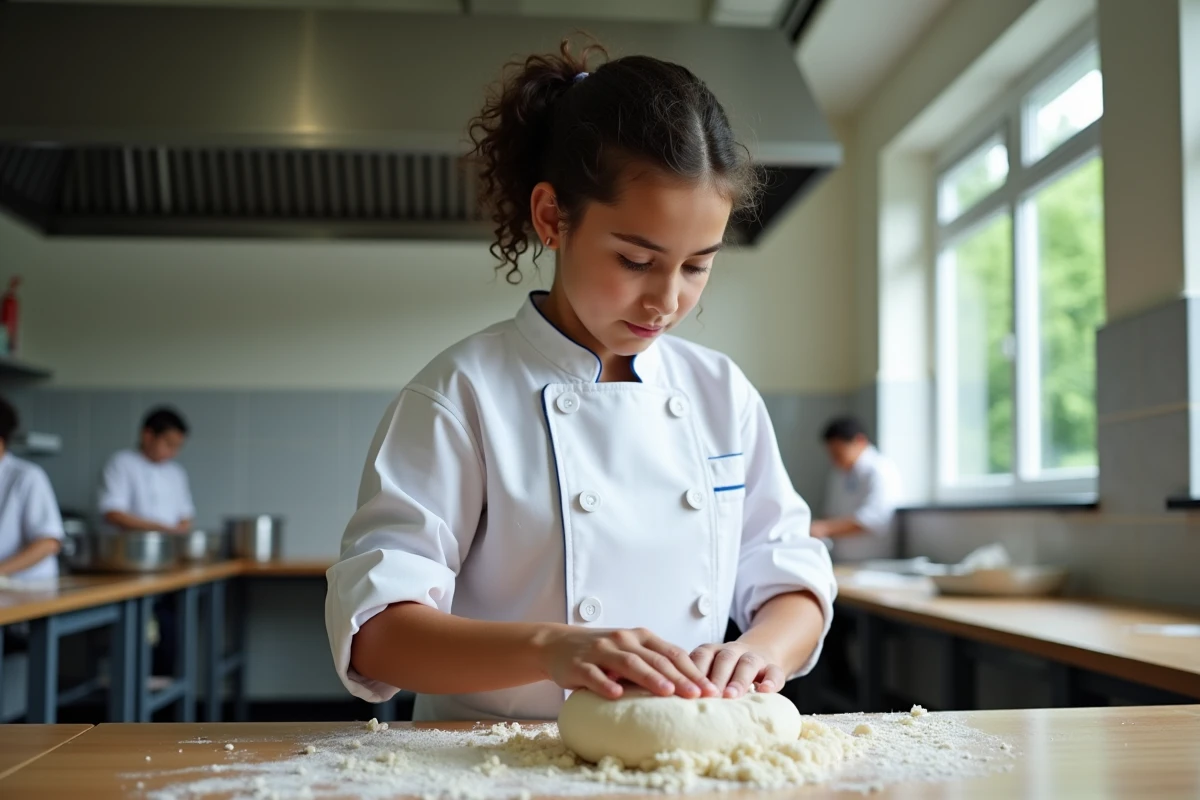 Fille de 16 ans pétrit la pâte dans une cuisine scolaire
