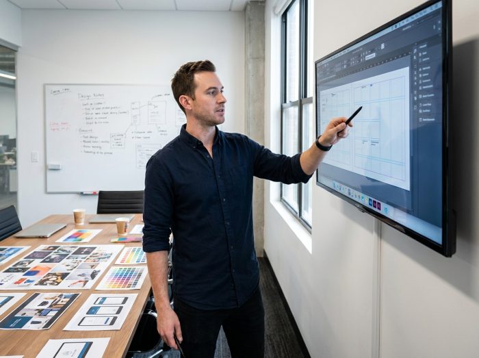 Formateur en design graphique présentant un projet de mise en page InDesign sur grand écran dans une salle de formation créative avec mood boards