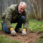 Homme agenouillé dans un jardin inspectant des graines de gazon restées en surface sur une terre sèche et compactée