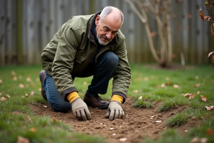 Homme agenouillé dans un jardin inspectant des graines de gazon restées en surface sur une terre sèche et compactée