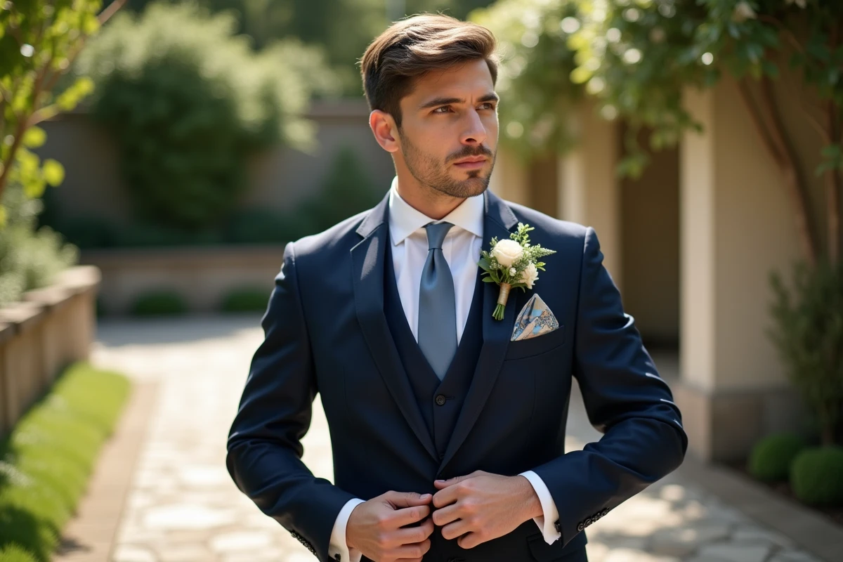 Groom en costume ajustant sa pochette en soie et boutonnière