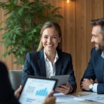 Groupe de professionnels en discussion dans un bureau moderne