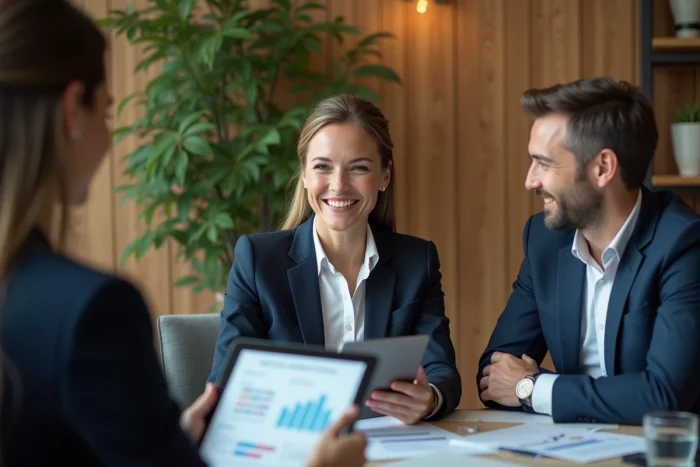 Groupe de professionnels en discussion dans un bureau moderne
