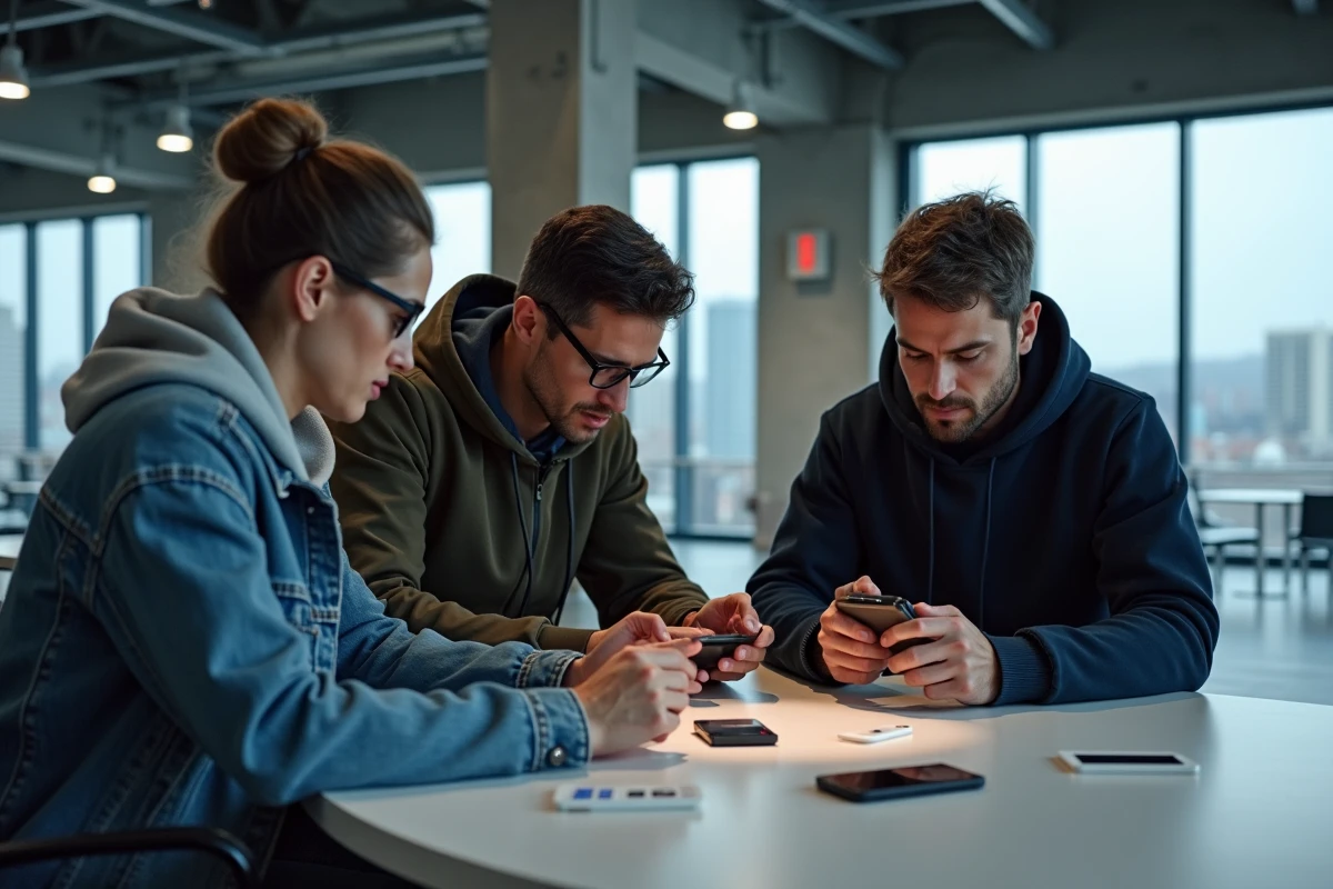 Groupe de jeunes techs avec appareils futuristes