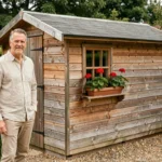 Homme debout devant un abri de jardin en bois dans un jardin bien entretenu, illustrant la question de la déclaration fiscale d'un abri de jardin