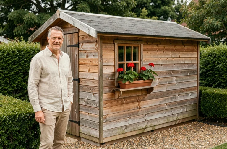 Homme debout devant un abri de jardin en bois dans un jardin bien entretenu, illustrant la question de la déclaration fiscale d'un abri de jardin
