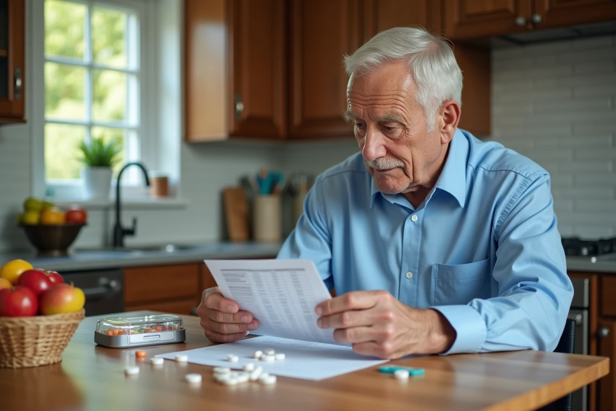 Homme senior remplit son pilulier dans sa cuisine chaleureuse