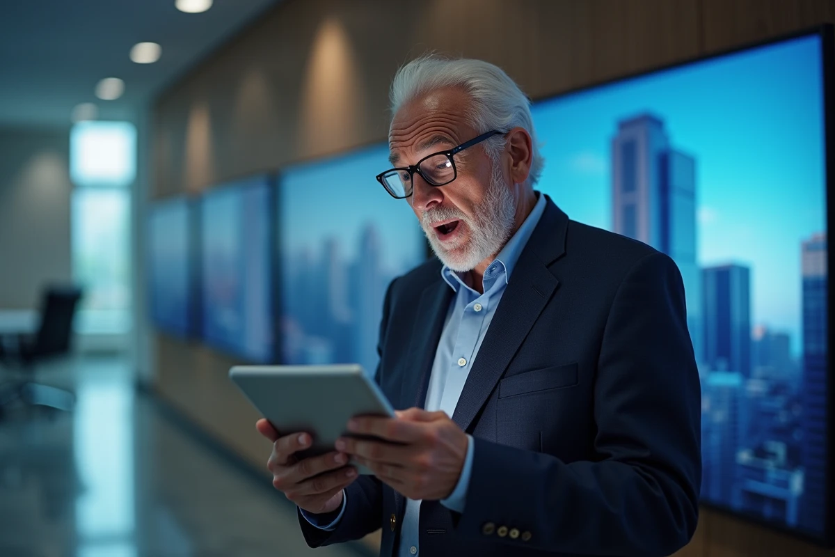 Homme âgé surpris en lisant un article sur tablette