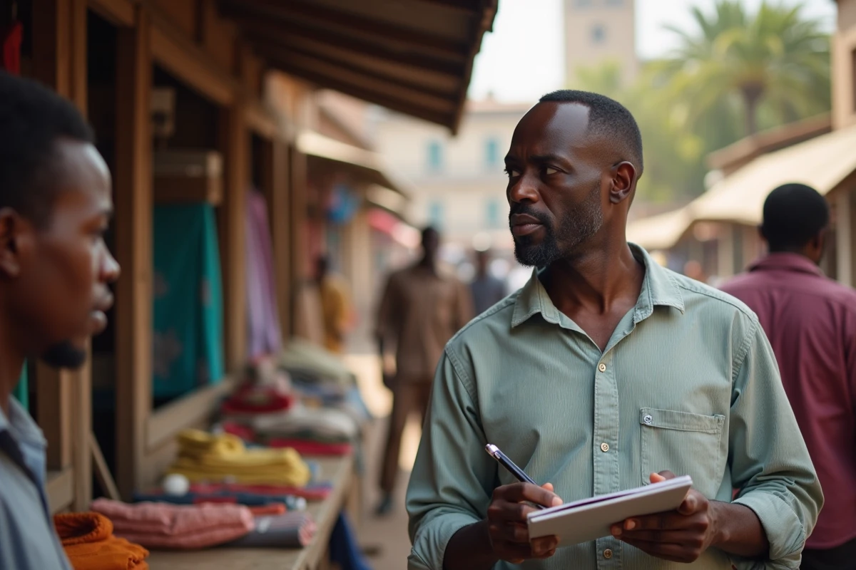 Homme burkinabe interviewant un vendeur dans un marché animé
