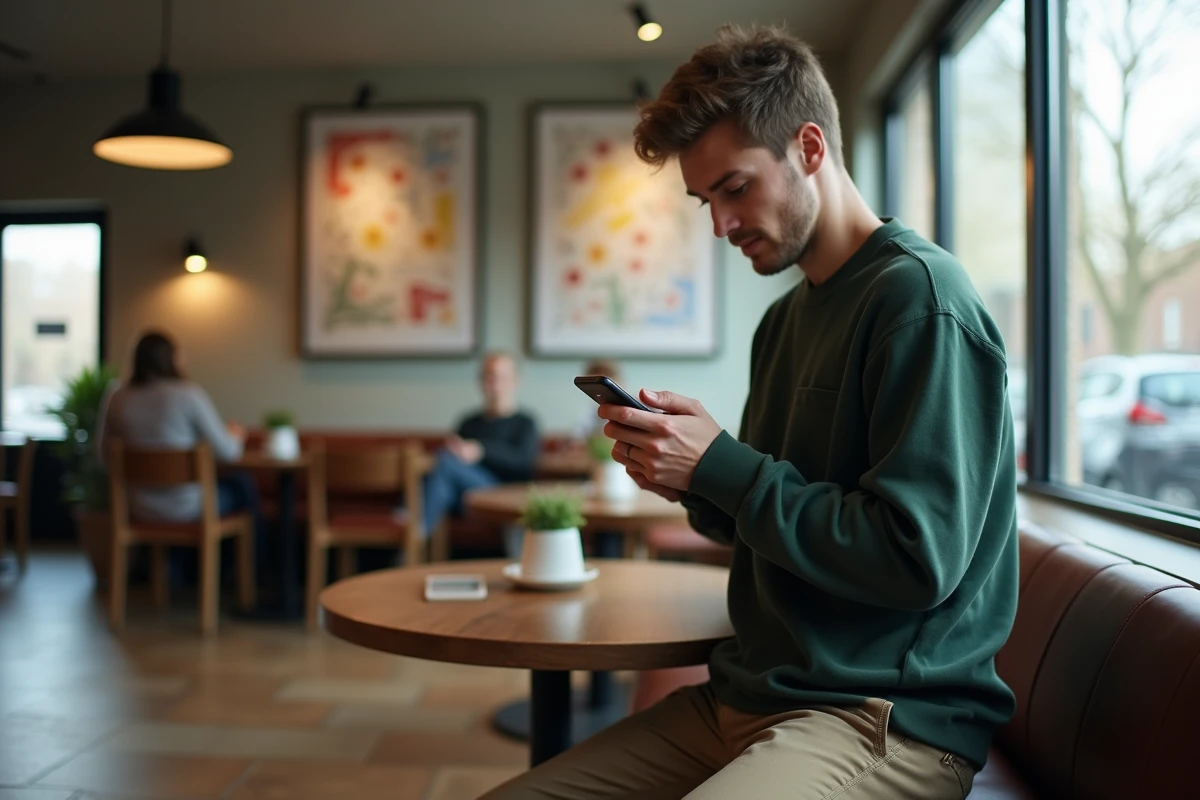 Jeune homme configurant son email au café