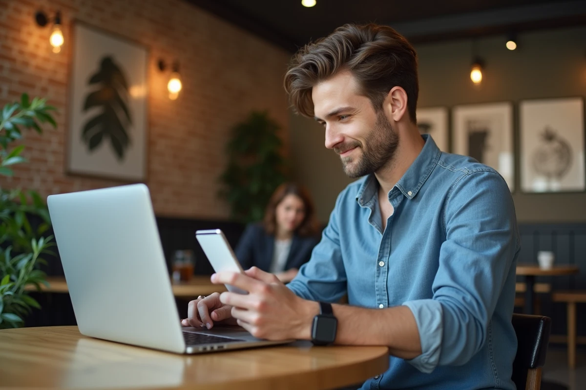Homme au café utilisant son smartphone et son ordinateur portable