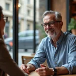Homme de 50 ans souriant dans un café chaleureux