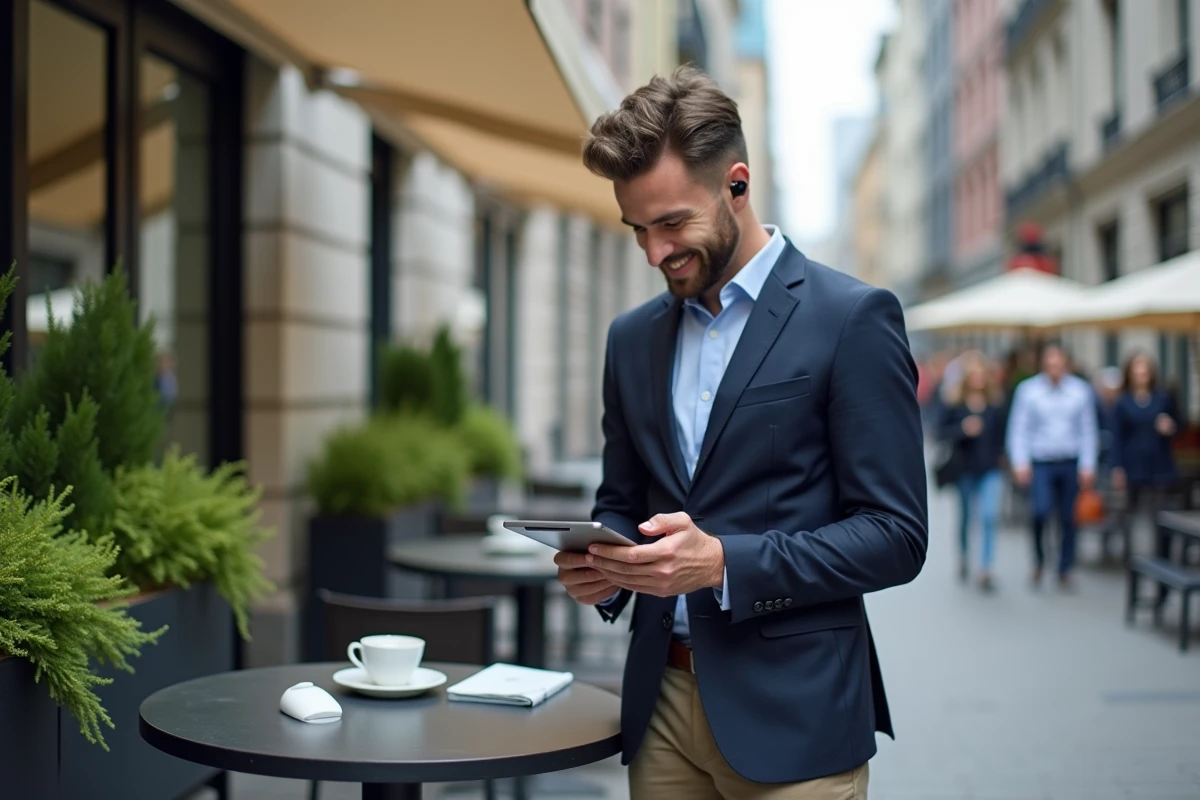 Homme en ville utilisant tablette dans un café