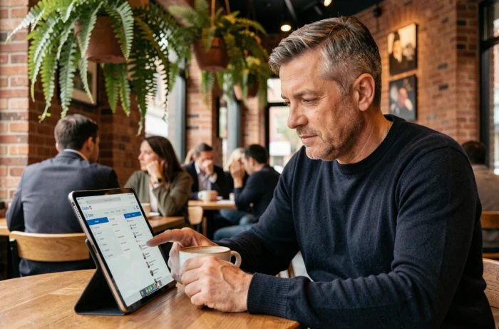 Homme consultant la navigation d'un site nature sur une tablette dans un café urbain