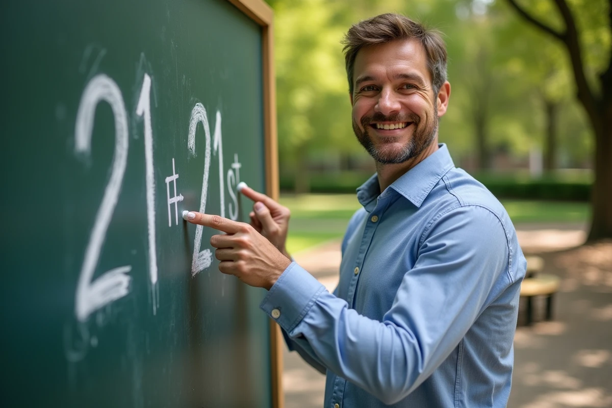 Homme expliquant 21st et 21th devant un tableau en parc