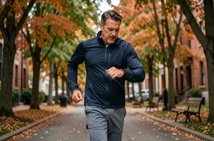 Homme en train de courir dans un parc urbain en automne, consultant sa montre connectée pour suivre son activité physique et sa santé